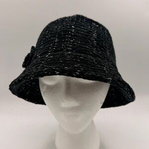 Black Textured Cloche-Style Hat with Side Rosette Accent
